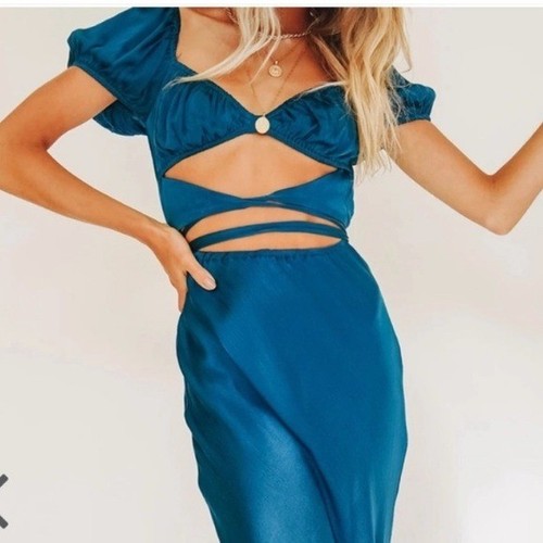 Maxi Vestido VRG GRL Au Revoir Corte Sesgado en Azul Cobalto Talla 4 - Imagen 4 de 12