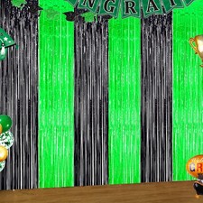 3 Pack Green, Black Foil Fringe Curtains, Backdrop, Graduation 2025, Halloween