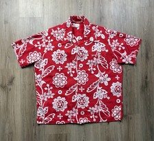 60s VINTAGE Surfrider Cotton Hawaiian Loop Collar Shirt Size XL Red Floral Beach