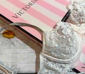 Victoria's Secret Shine Strap Dream Angels Lace Bra Brazilian Set White