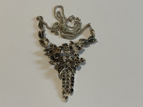 17" Vintage Marcasite Dangle Choker Sterling Silver Deco Pendant Necklace - Picture 3 of 7