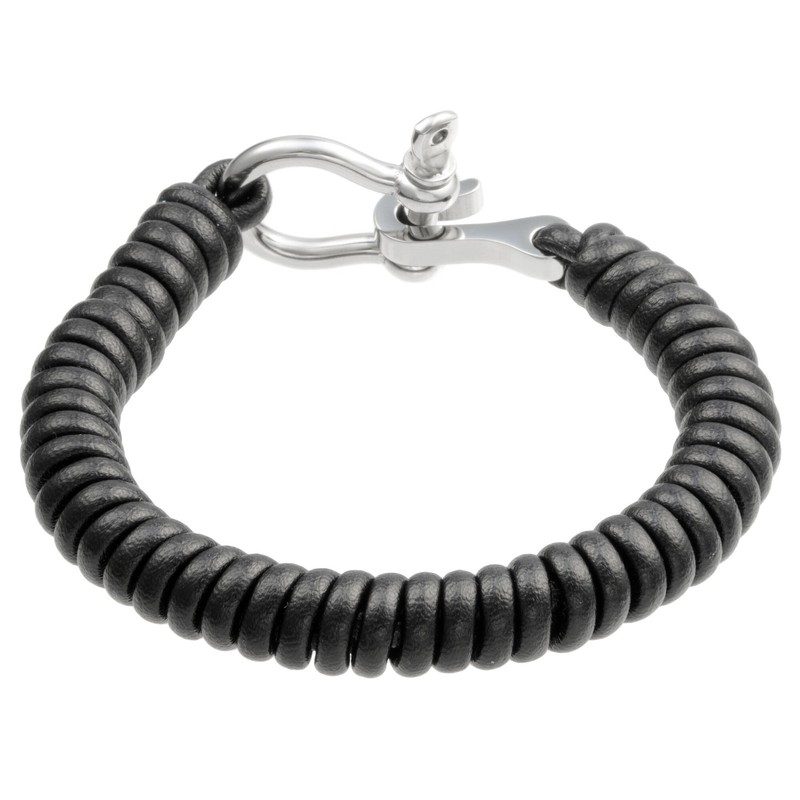 Coil Genuine Black Leather and Stainless Steel Bracelet For Men - 9.5 Inches