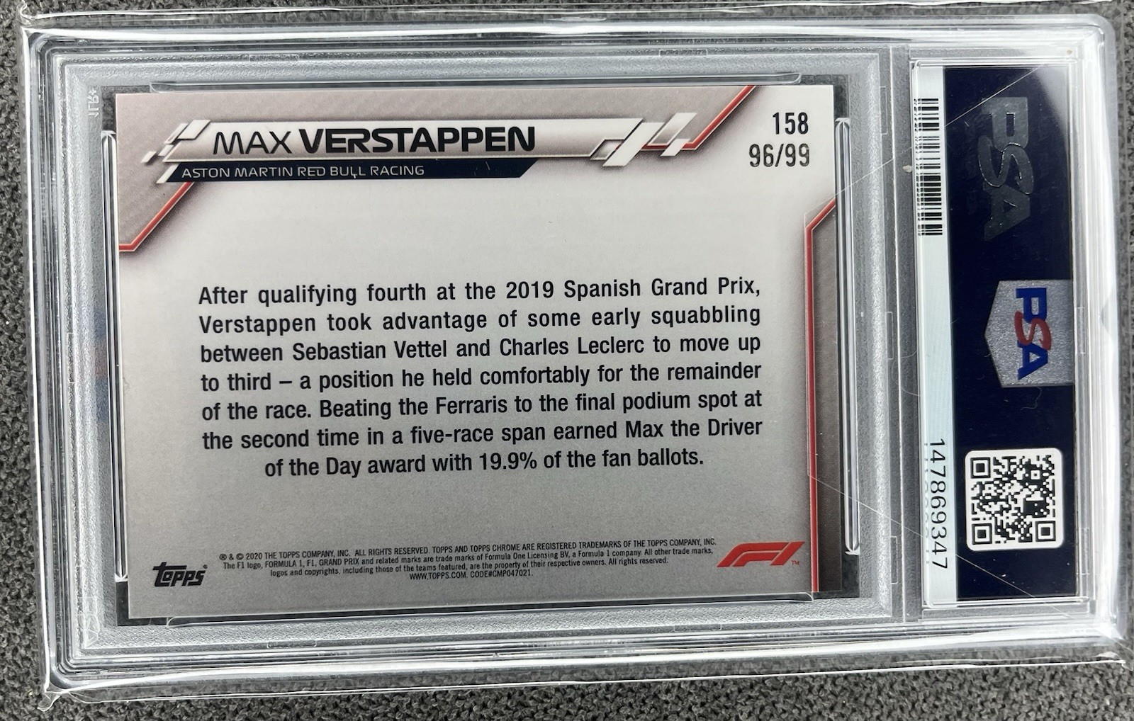 2020 Topps Chrome Sapphire Max Verstappen AQUA PSA 7 96/99 view 2