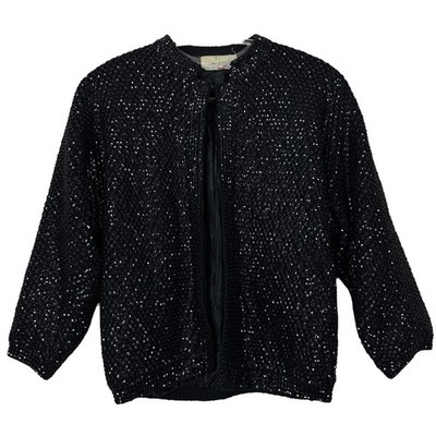 Vtg Best & Co Lambswool Angora Sequin Beaded Knit Cardigan Jacket Black Size 40
