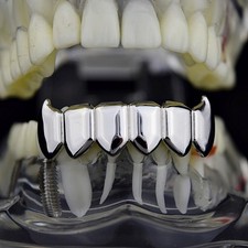 Fang Grillz Silver Tone Bottom Lower 6 Teeth Plain Fangs Hip Hop Vampire Grills