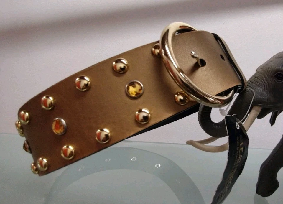 Leatherock Belt Studded Rhinestone Deadstock 1990s Rocker 32 M Bronze Gold - Image 2 of 4