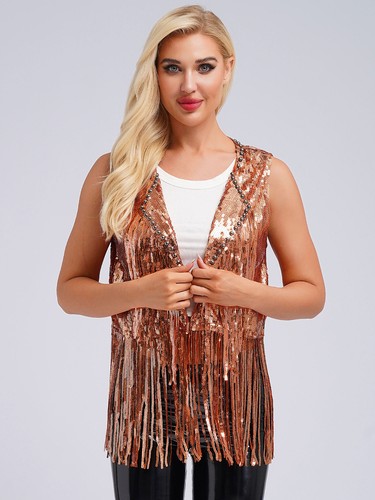Women Waistcoat Tassel Vest Clubwear Shrug Dress Up Top Open Front Coat Disco - Picture 31 of 41