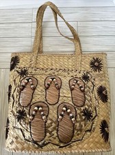 HandWoven Beach Straw Raffia Tote Market Lined Handbag Beaded Flip Flops 13x13x6