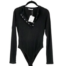 NWT Zara Bodysuit Black Long Sleeve Henley Neckline Snap Closure Ribbed Medium
