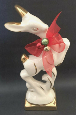 MCM Vintage Deer Large 12  Ceramic Figurine Cream w/ Gold Accent Prancing Xmas