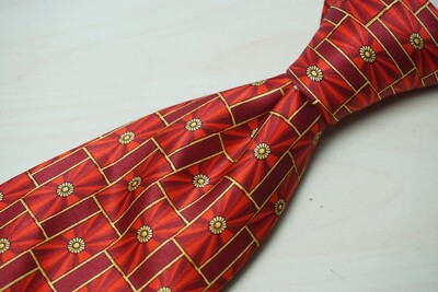Lanvin Cherry Red Fire Sunburst Floral 100% Silk Tie Made in