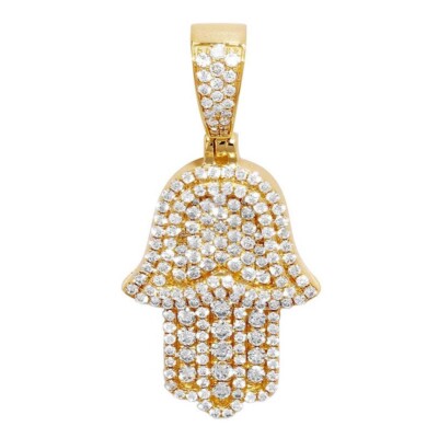 2 Ct D/FL Brilliant Moissanite 14K Yellow Gold Plated Hamsa Men's Pendant 1.5''
