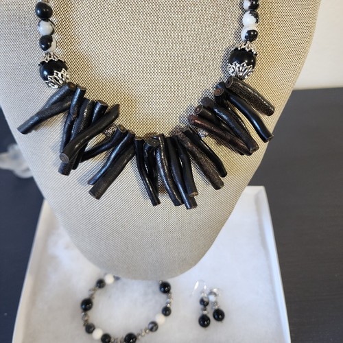 Necklace Set. Bohemian Black Onyx, Zebra Jasper, Coral Bamboo. Genuine Stone - Picture 5 of 9