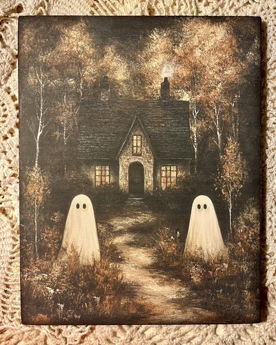 Dark Cottage Ghosts, Halloween, Whimsy-goth, Handcrafted CANVAS Board Sign - Picture 3 of 3