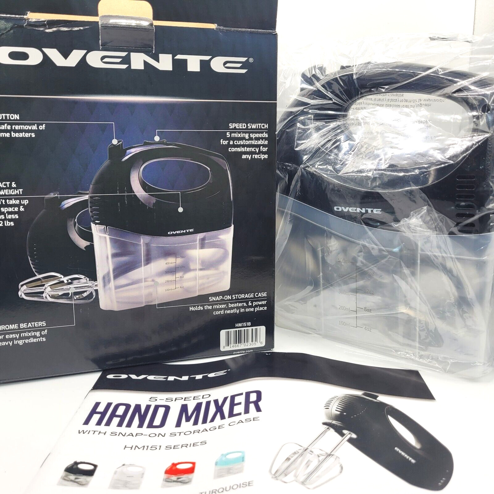 Ovente Electric Hand Mixer 5 Speed Portable Stainless Whisk HM151 Series NIB