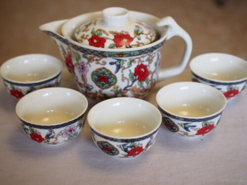 Exquisite 6 Pc Flower & Birds Design Tea Pot and Tea Cups set in Gift Box - Picture 1 of 15