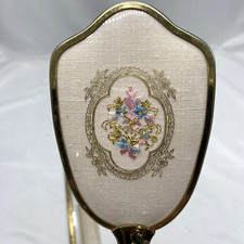 Vtg hair brush & comb gold embroidered floral flower vanity dresser removable