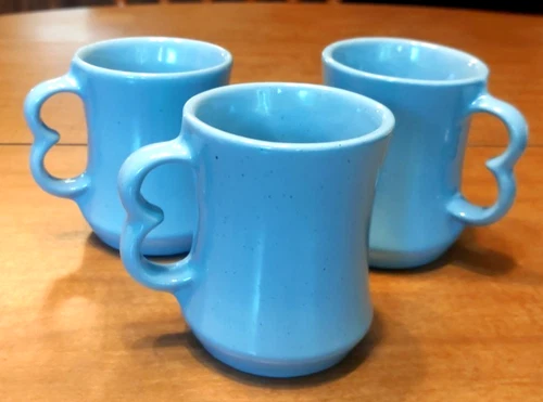 3 Frankoma Pottery #C9 Coffee Cups Robin Egg Blue Double Heart Trigger Finger