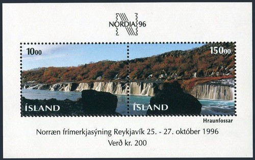 Iceland 810 sheet,MNH.Michel 835-836 Bl.18. NORDIA-1996.Hraunfossar waterfalls.