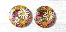 large wood flower sewing buttons 4 holes 1 1/8 inch white orange 2pc