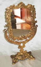 Antique Victorian Cast Bronze Brass Tone Metal Shaving Vanity Mirror -16" Tall