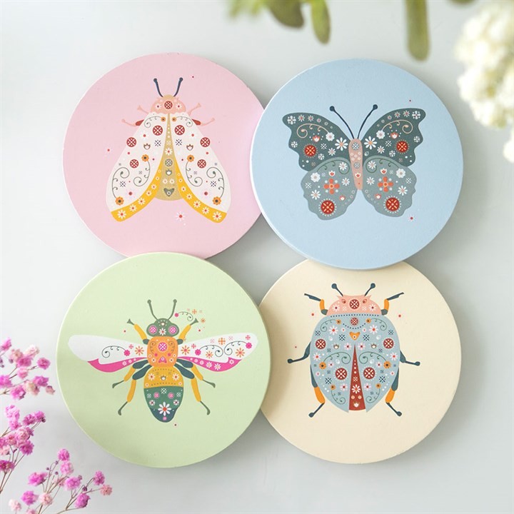 Floral Bug Coaster Set. Nature Themed Home Decor