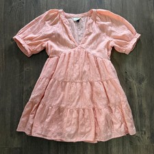 Universal Thread Mini Dress Small Pink Tiered Puff Sleeve V-Neck Cotton Boho Sub