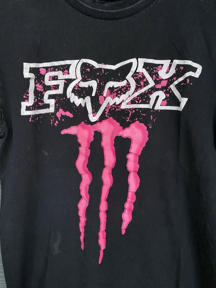 Camiseta De Colección Y2K Monster Energy Fox Racing Motocross Rosa Logo Negra Para Hombre Grande Foto 2 de 4