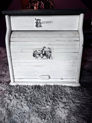 Extra Large Vintage Roll Top White Wooden Distressed Bread Box Double Decker