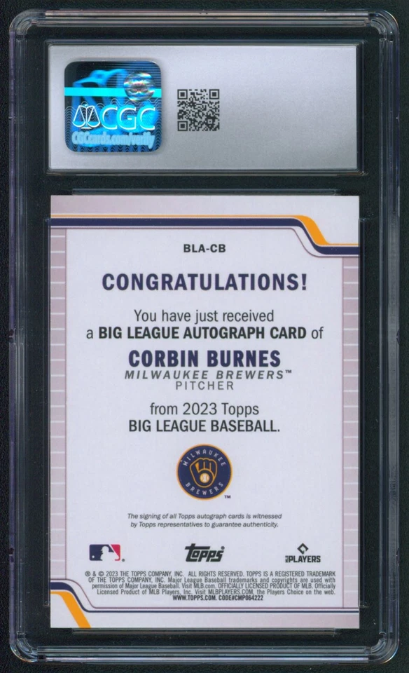 2023 Topps Big League Autographs #BLA-CB Corbin Burnes Gold Foil 15/50 CGC 10 - Image 2 of 2