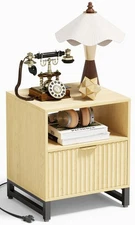 Fluted Night Stand with Charging Station, Wood Nightstand with Large Drawer a...