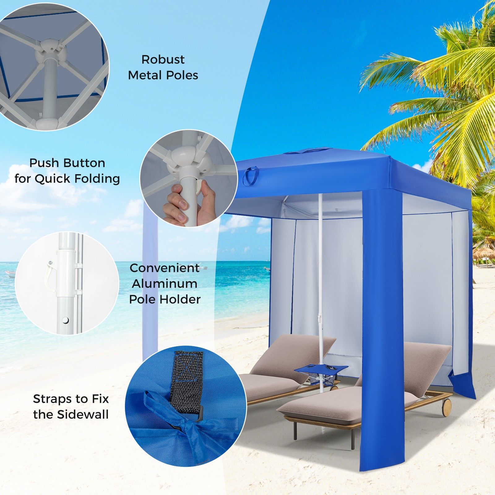 UPF 50+ Beach Tent 6.6ft x 6.6ft Beach Cabana w/ Folding Table, 5 Sandbags