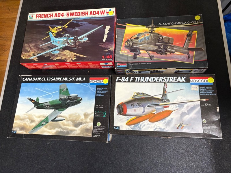 Lot of 4 Model Kits Monogram  AH-64 Appache F-84F THUNDERSTREAK Canadair CL 13