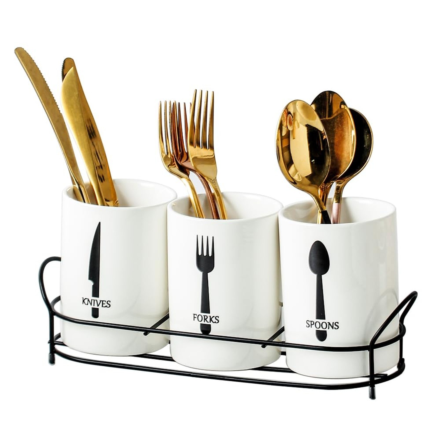 3-Piece White Ceramic Silverware Cutlery Holder with Black Metal Rack, Utensi...