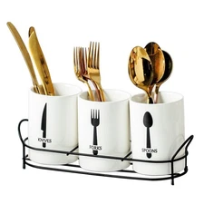 3-Piece White Ceramic Silverware Cutlery Holder with Black Metal Rack, Utensi...