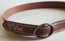 Vtg Unisex Western Brown Leather Belt White Floral Embroidery Fits 30" - 38" W