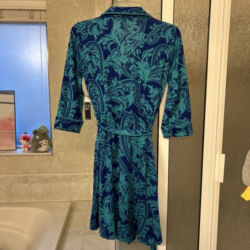 NWT New York & Co Blue Green Floral Collared Wrap Front Dress with Tie Sz XS - Picture 2 of 5