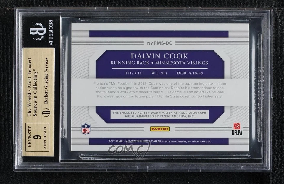 2017 National Treasures Green Numbers /33 Dalvin Cook BGS 9.5 GEM MINT Auto RC - Image 2 of 2
