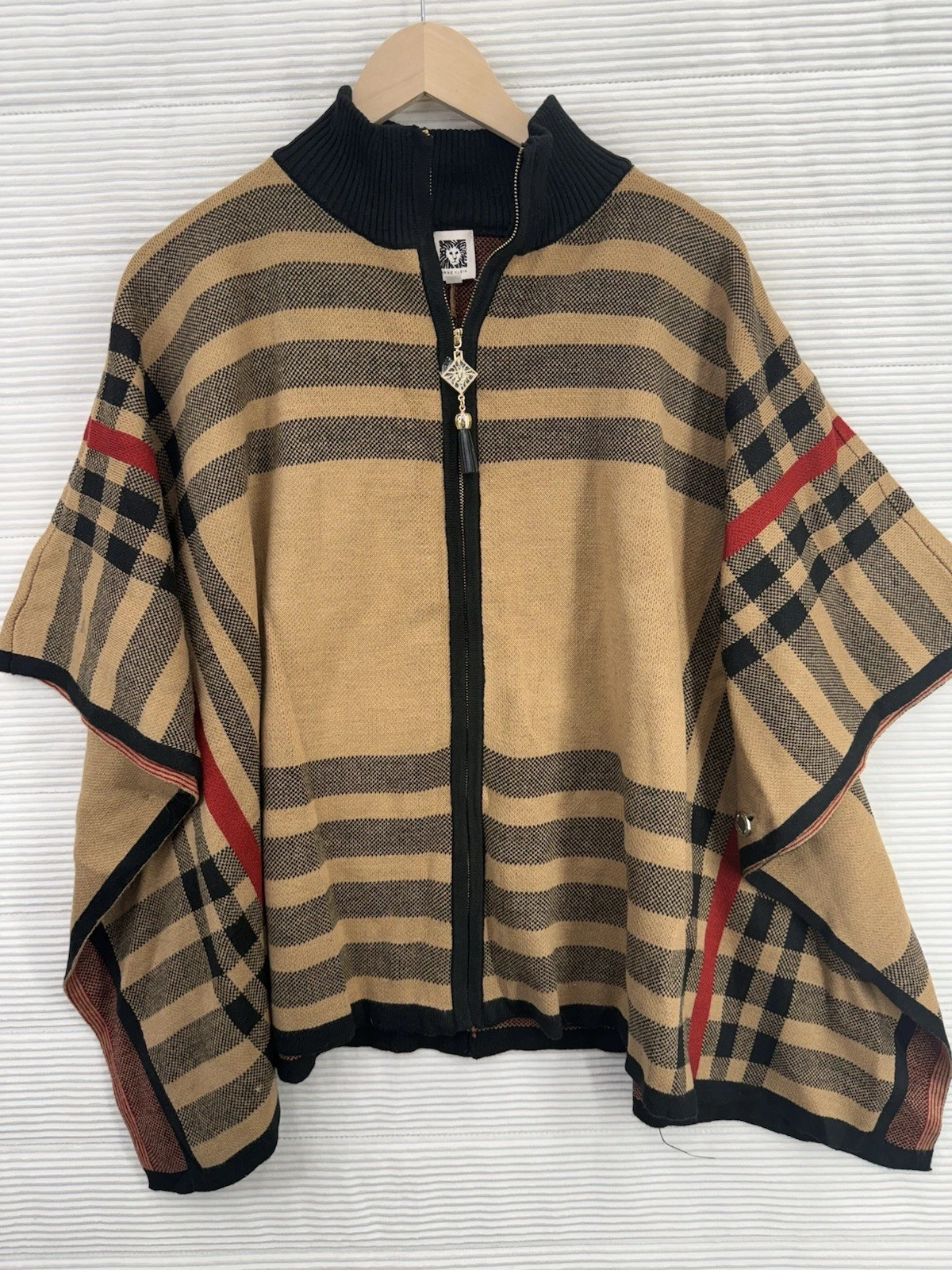 Anne Klein Sweater Poncho Cape Classic Tan Black Red Stripe Zip Up Size L