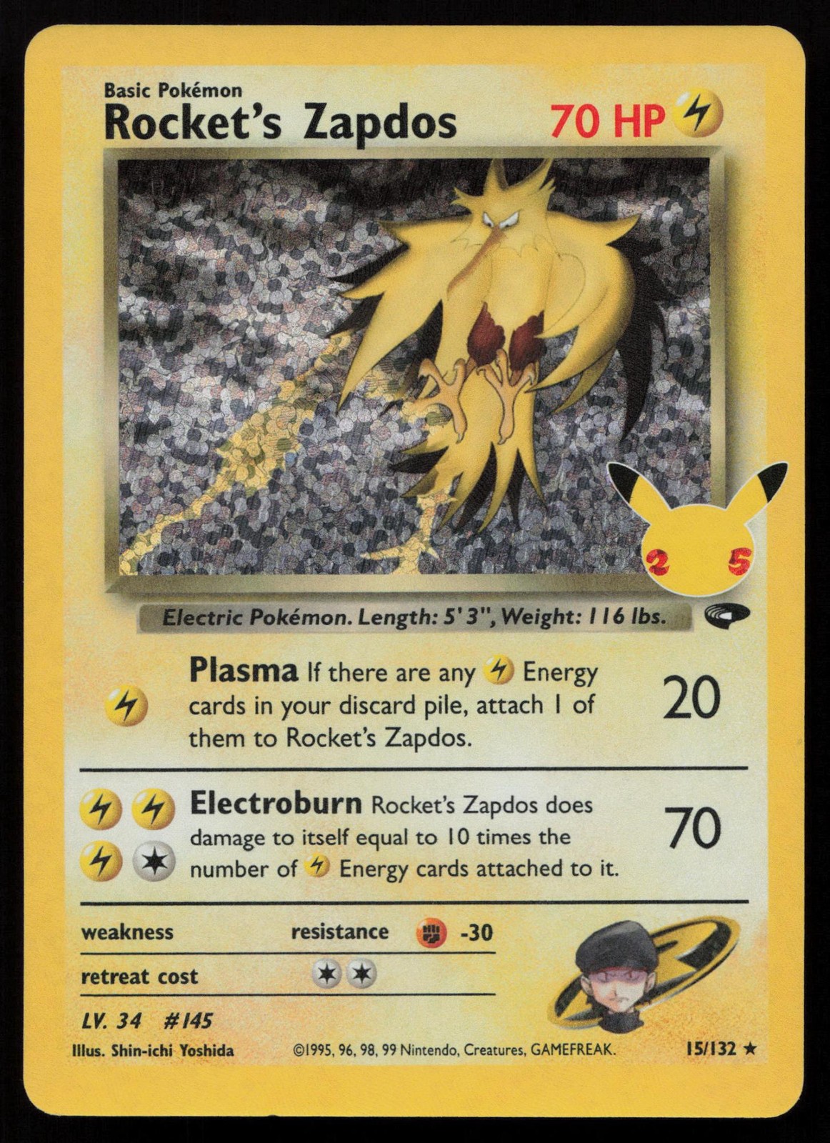 Rocket's Zapdos 15/132 holo Celebrations: Classic Collection Pokemon NM