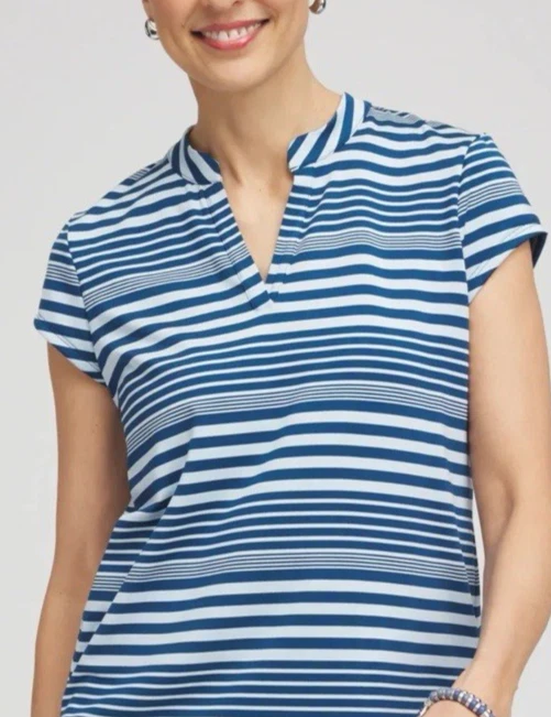Chicos Sz 2 Large Blue Striped Polo Top UPF Sun Protection Coastal Preppy Mock V