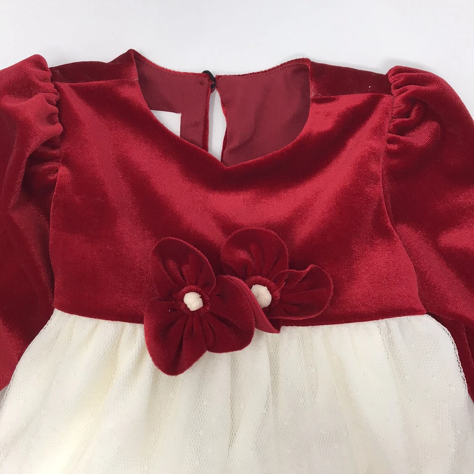 Vestido Isobella & Chloe Bebé 12 Meses Rojo Terciopelo Volantes Flores Manga Larga  Foto 3 de 4