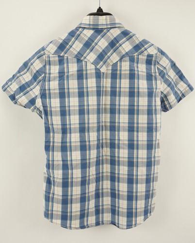 RUEHL 925 Mens Small Short Sleeve White Cream Blue Plaid Cotton Pearl Snap Shirt - Picture 2 of 8