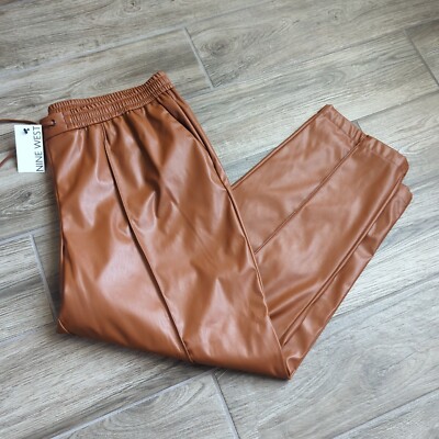 Nine West Mid Rise Maple Brown Faux Leather Drawstring Jogger