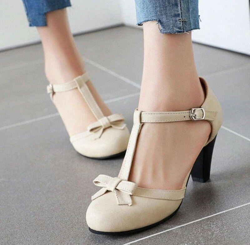Women's Mary Jane Bowknot T Strap 7.5cm Kitten Heels Shoes Party Round Toe 47 48 - Image 3 of 4
