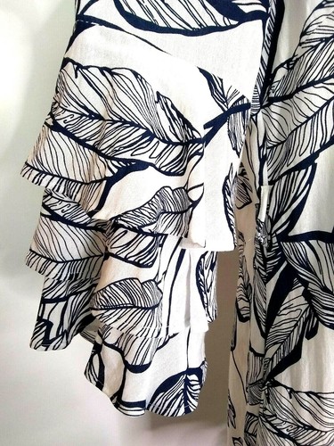 Linen Lux Womens White Blue Leaves Ruffle Sleeves Cut Out Back Shift Dress Sz 6 - Picture 5 of 10
