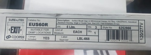 COOPER LIGHTING/SURE-LITE EUS60R RED LED EMERGENCY EXIT LIGHT - Picture 2 of 2