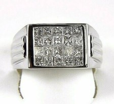 Natural Princess Cut Diamond Cluster Square Men's Ring 14k White Gold 1.90Ct