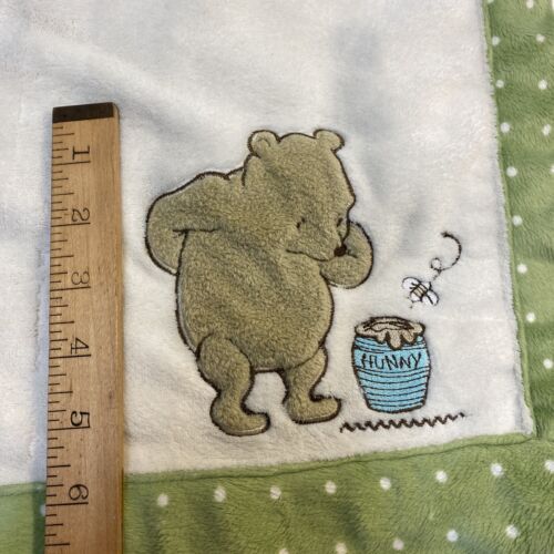 Disney Baby Classic WINNIE THE POOH Baby Blanket green dots trim hunny pot bee - Picture 2 of 7