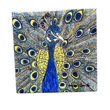 Candace Lee Decorative Ceramic Tile Blue & Green Peacock Hawai'i Artist 6x6"